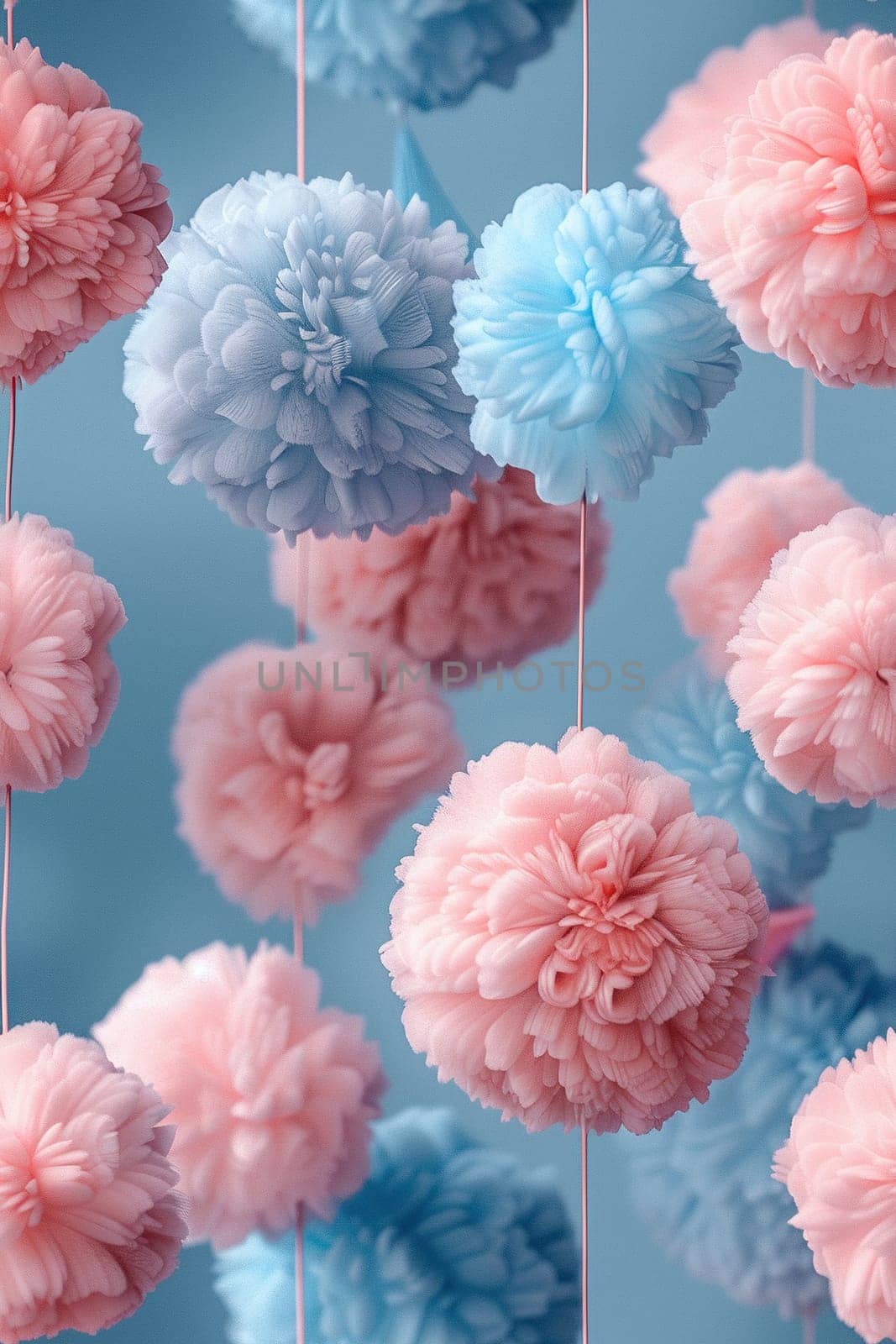 Vertical background with blue and pink fluffy balls.