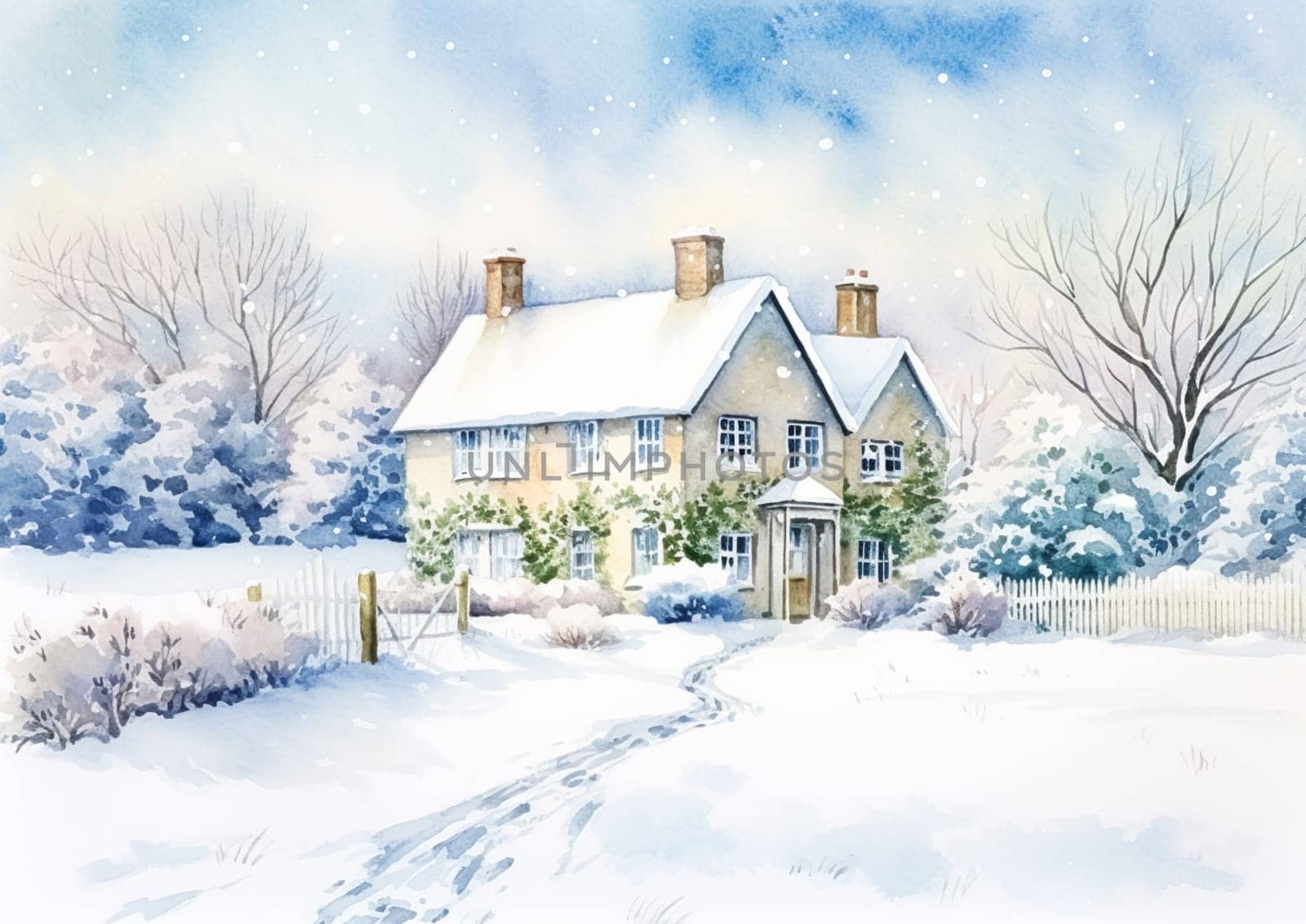 Merry Christmas and Happy Holidays, watercolour printable art print, English countryside cottage as snow winter holiday Christmas card, thank you and diy greeting card design, country style idea