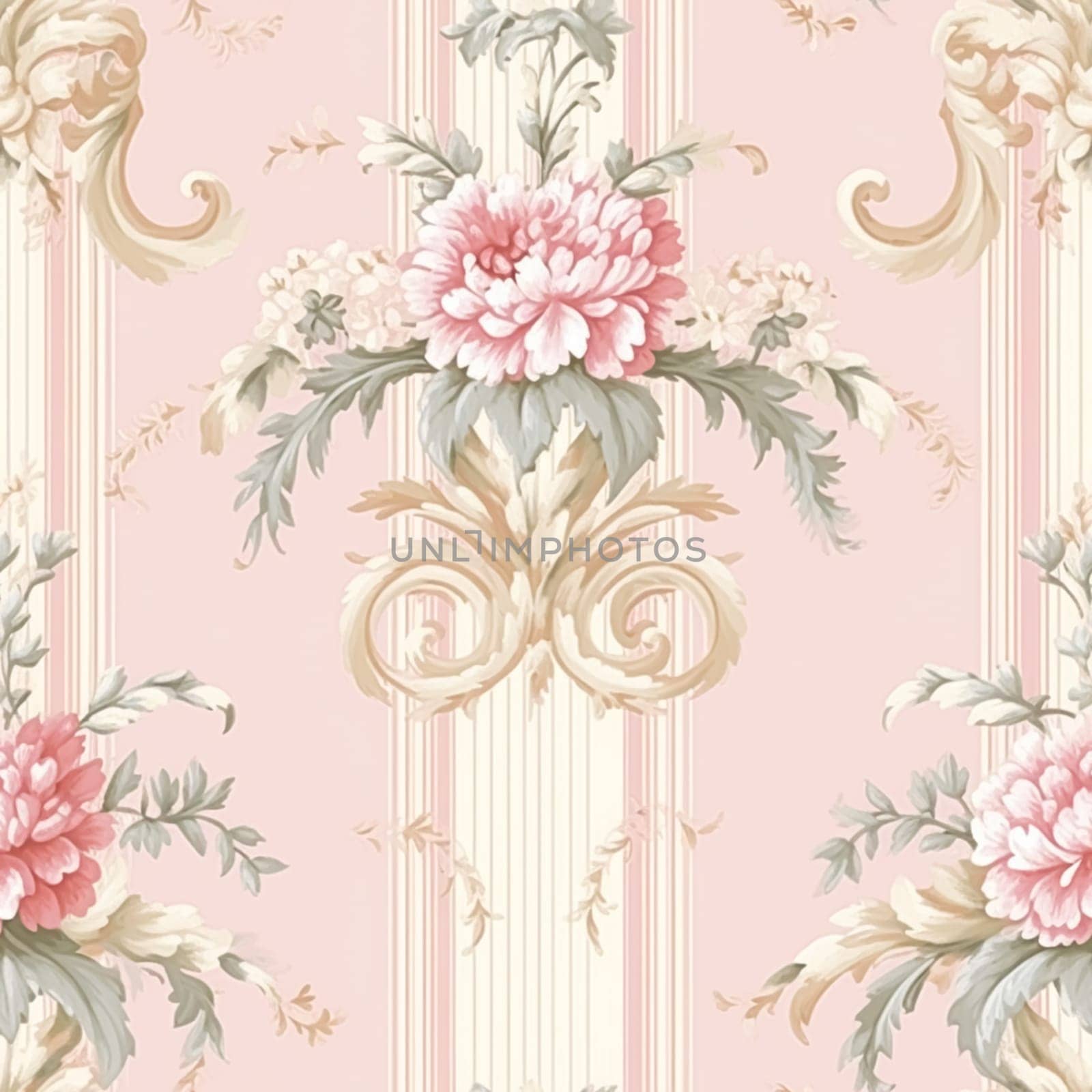 Seamless pattern, tileable striped pink floral country style print for wallpaper, wrapping paper with English countryside rose flowers for scrapbook, fabric and product design by Anneleven