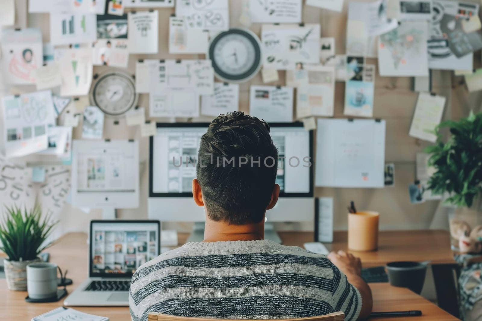 A man is holding a tablet with a calendar on it. The calendar is filled with various icons and symbols, and the man is focused on it. Concept of organization and productivity