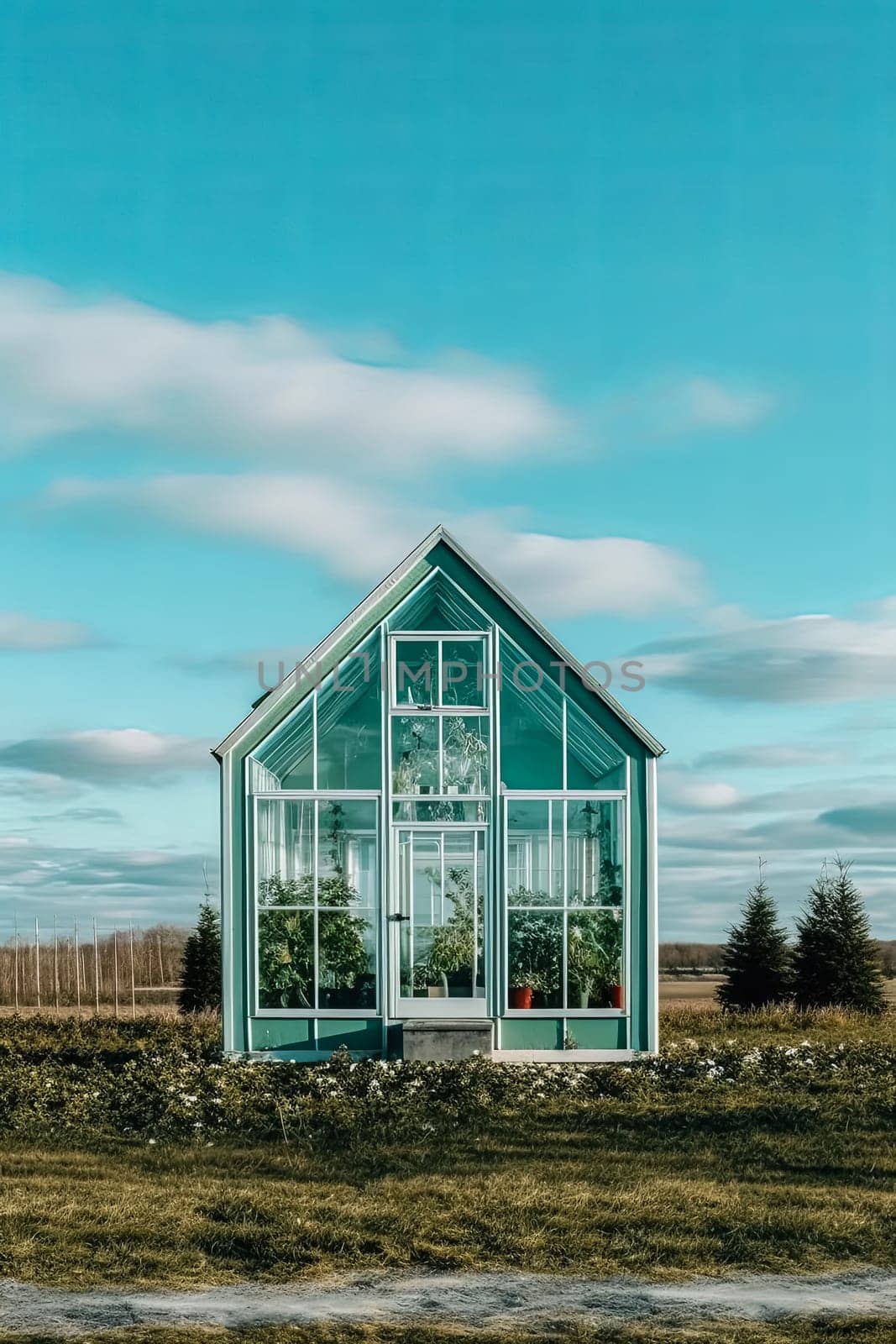 A small green house with a glass roof and a door. The house is surrounded by potted plants