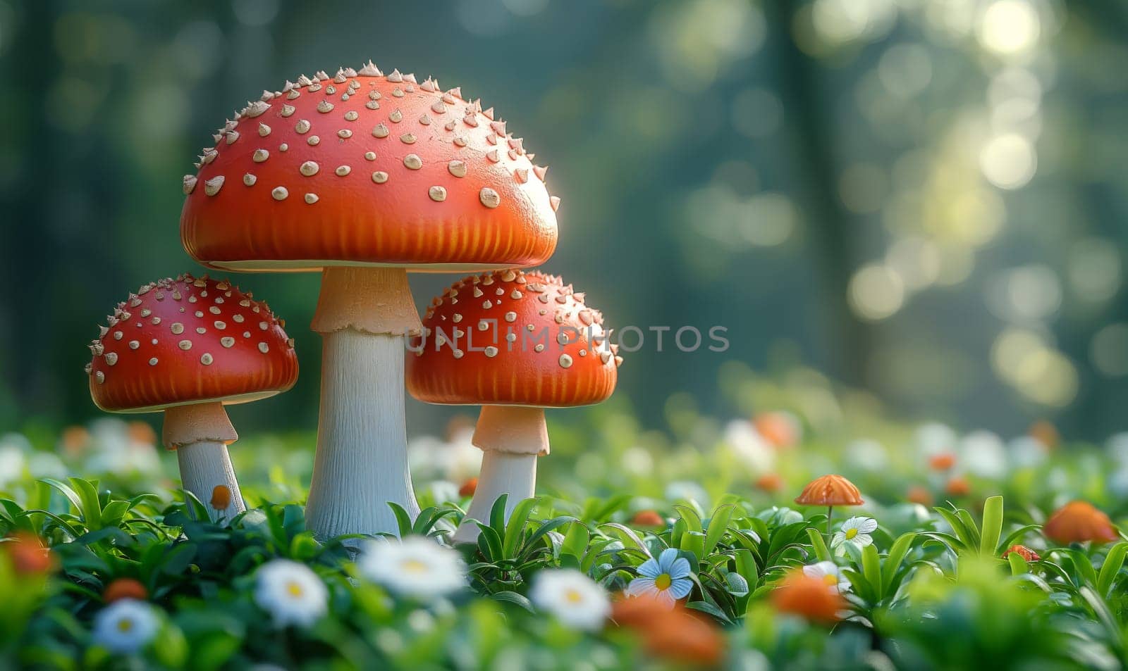 Illustration, fly agaric mushrooms in a clearing. by Fischeron