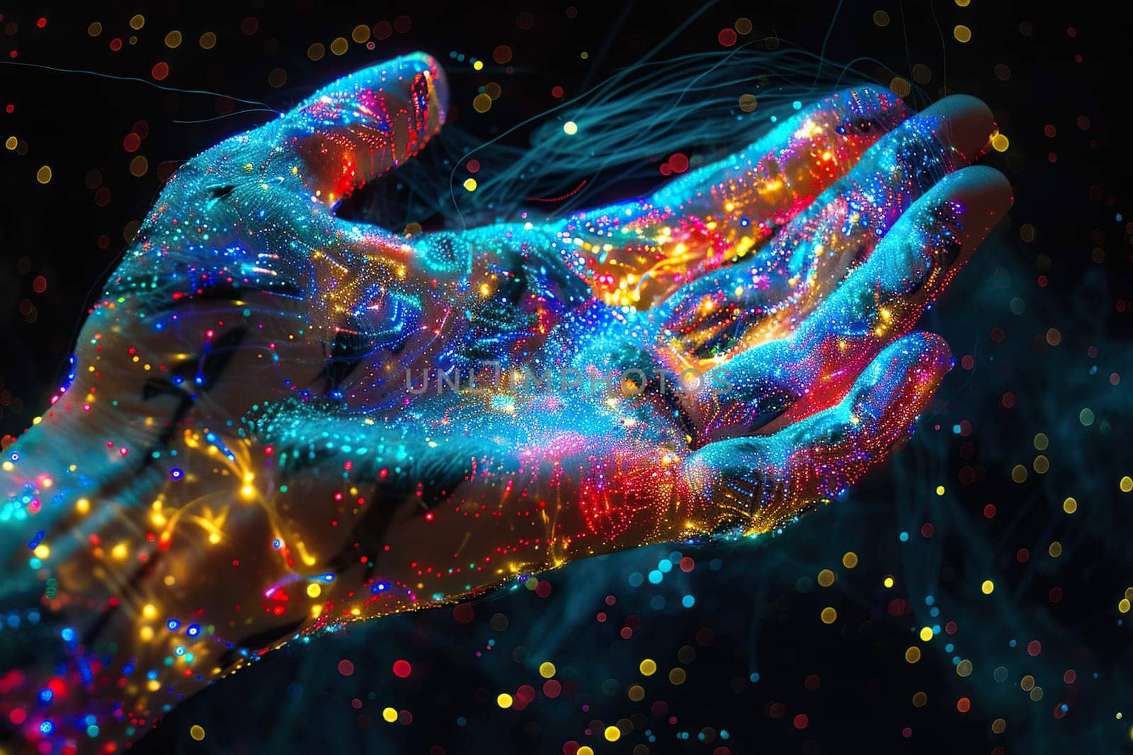 Abstract hand giving. Image of a human hand in a luminous stream.