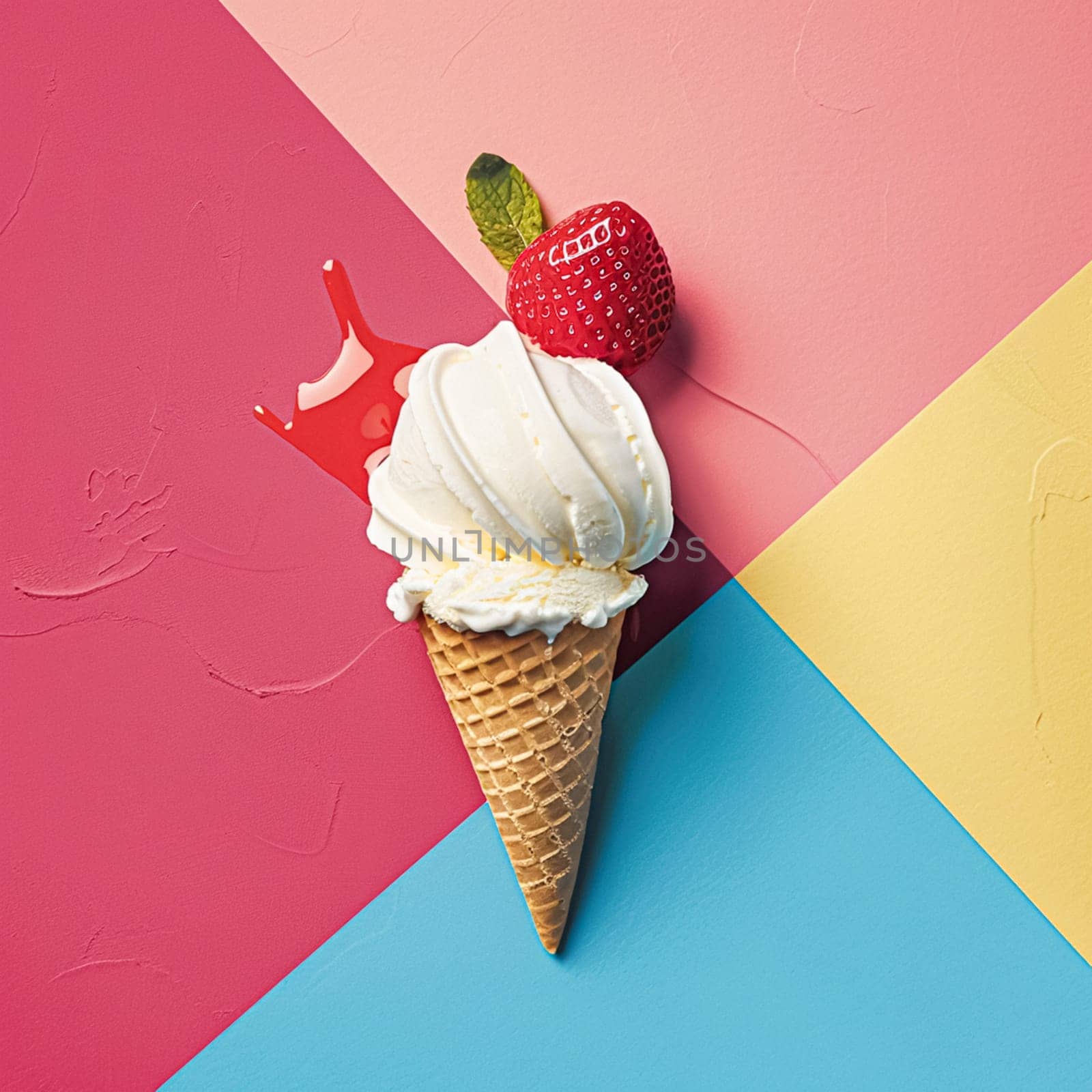 Scoops of ice cream in a waffle cone on a colorful background