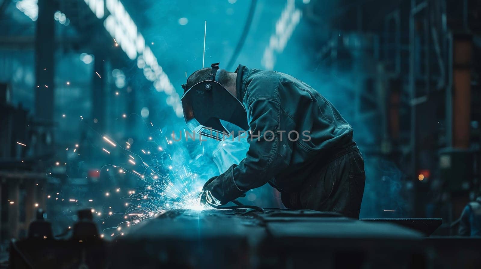 A man welder worker in a black jacket is working on a piece of metal. The image has a mood of industrial and hard work