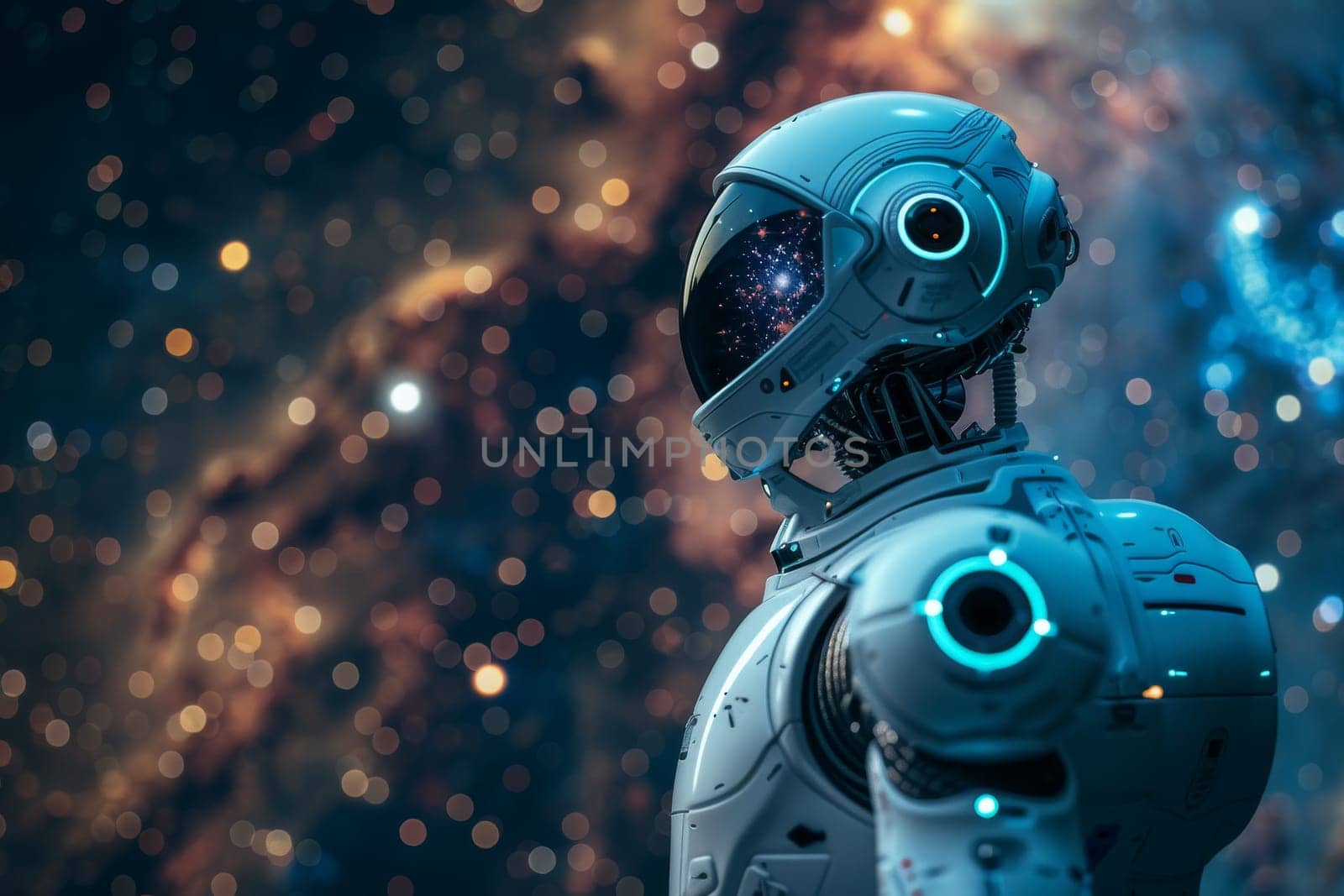 A robot is standing in front of a starry sky. The robot is wearing a white helmet and has a blue and green design on its chest. The scene is set in a futuristic world