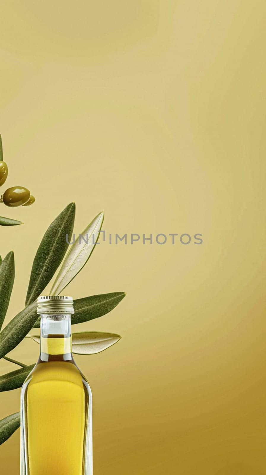 Olive oil bottle ad background with copyspace, vegetable oil commercial produce, food industry and retail by Anneleven