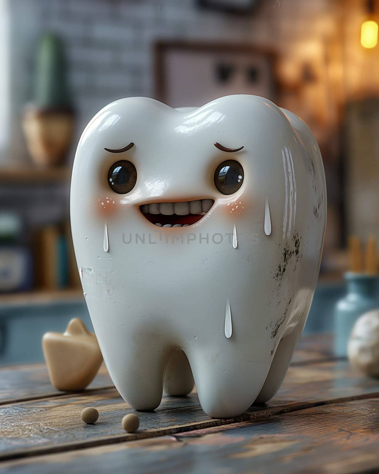 3D, cartoon emotional tooth on the table. Selective focus