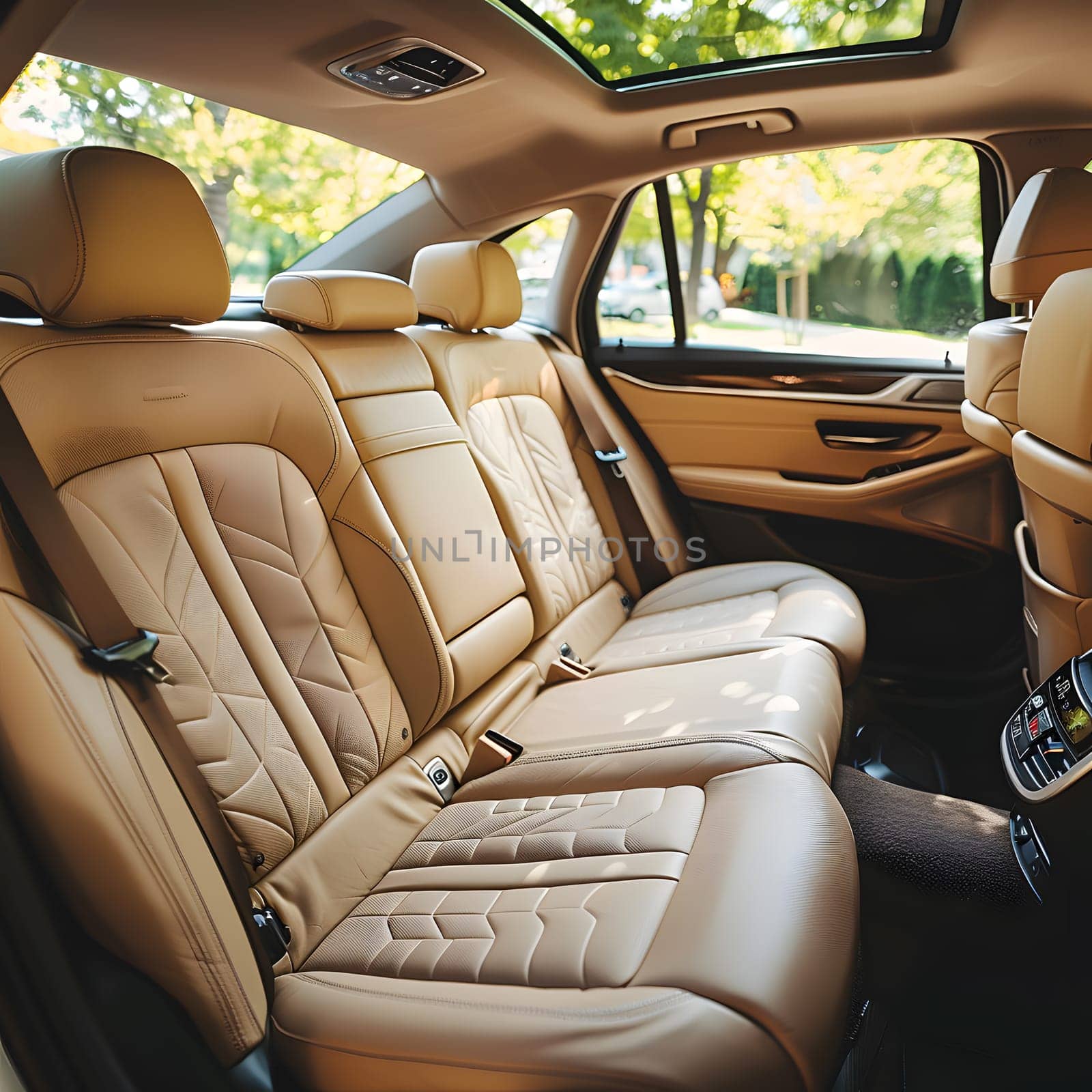 Tan leather seats in a cars rear for luxurious comfort while on the go by Nadtochiy