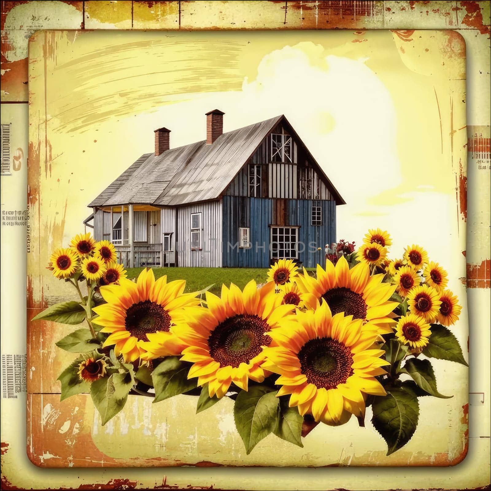 Vintage image of a rural farm wooden house with an antique milk can, a dilapidated barn, a bouquet of sunflowers. Junk journal. photograph with wear and tear. Country mood.