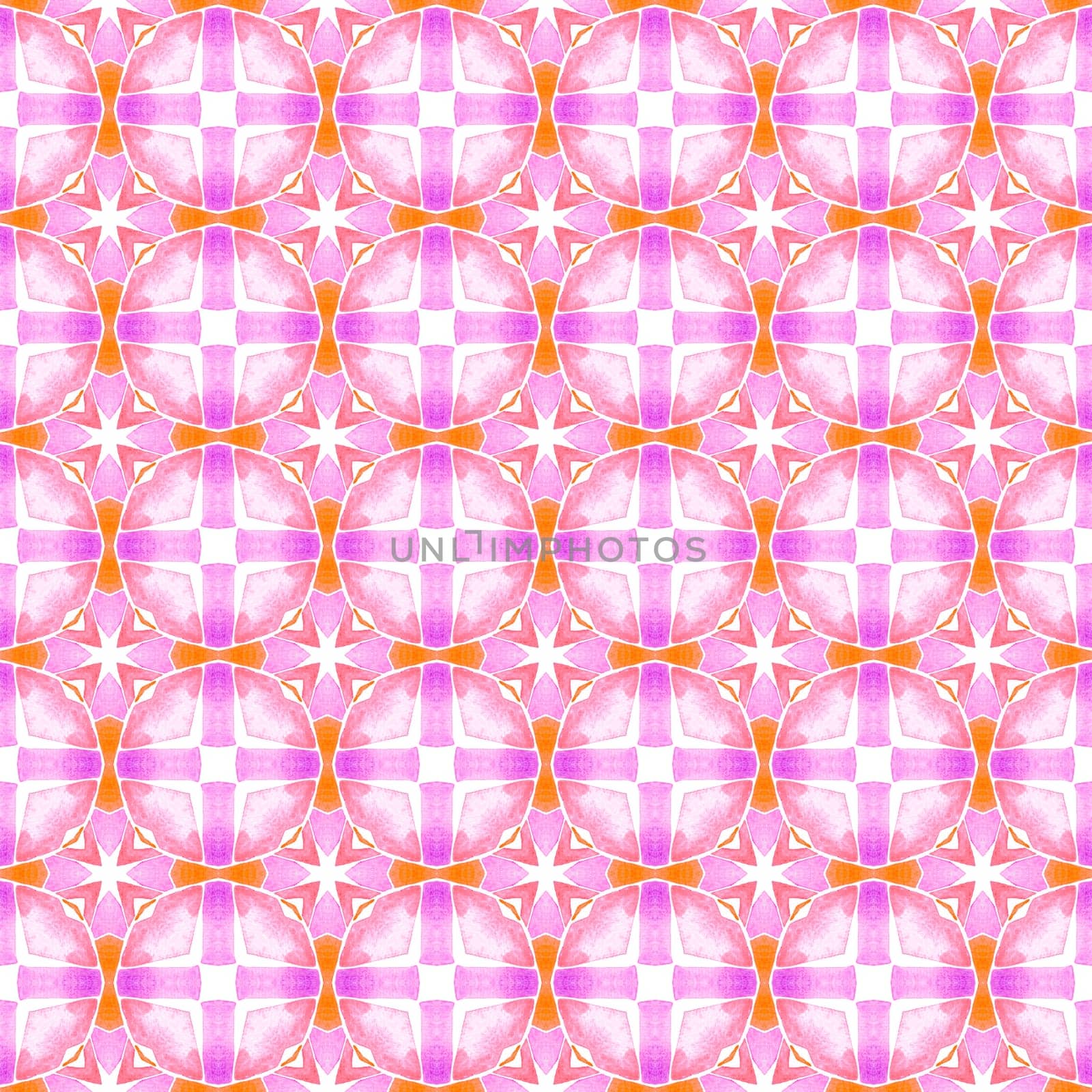 Ikat repeating swimwear design. Orange majestic boho chic summer design. Textile ready awesome print, swimwear fabric, wallpaper, wrapping. Watercolor ikat repeating tile border.