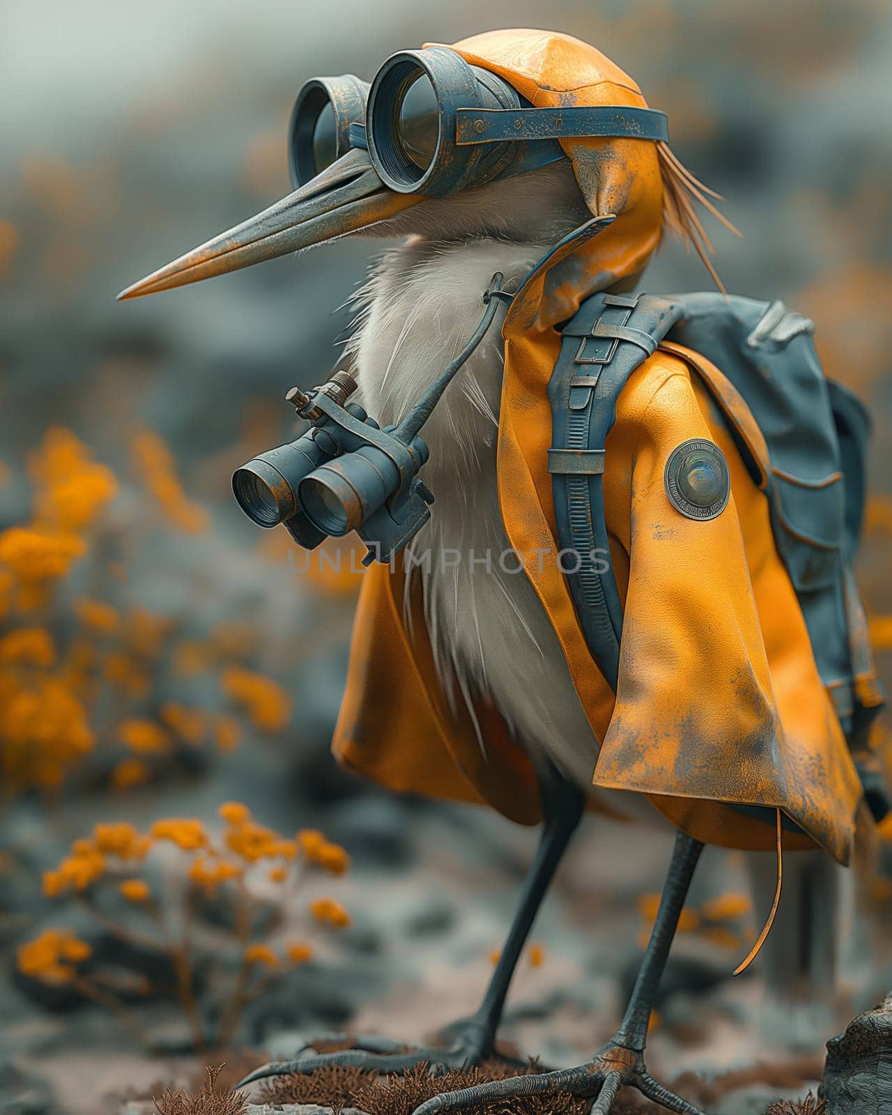 3D cartoon, a heron wearing big glasses walks through a swamp. by Fischeron