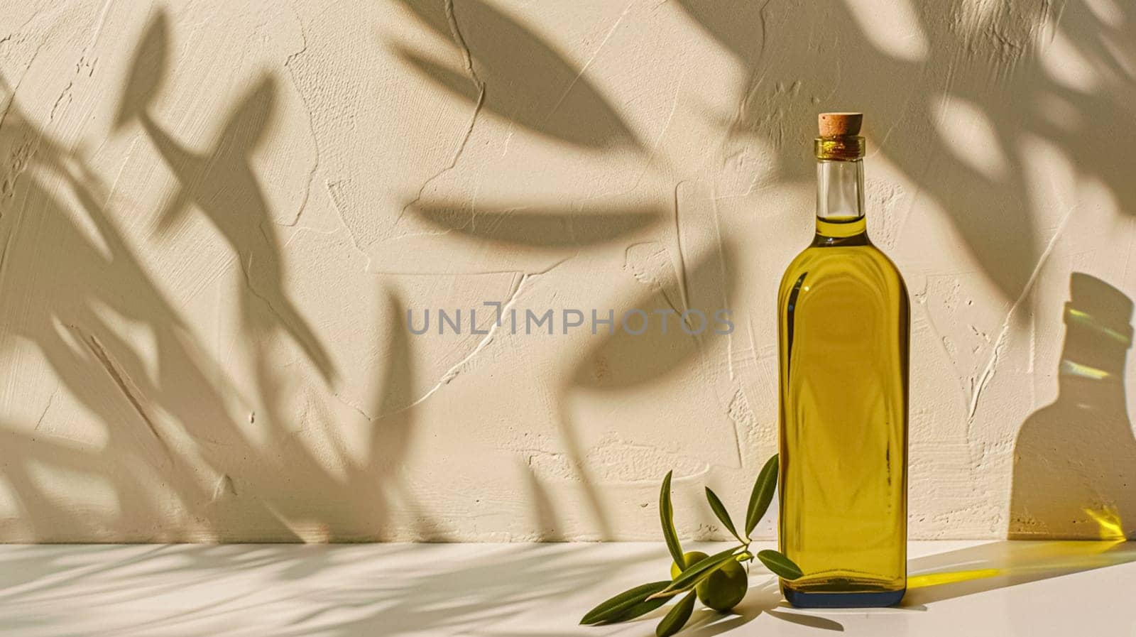 Olive oil bottle ad background with copyspace, vegetable oil commercial produce, food industry and retail by Anneleven