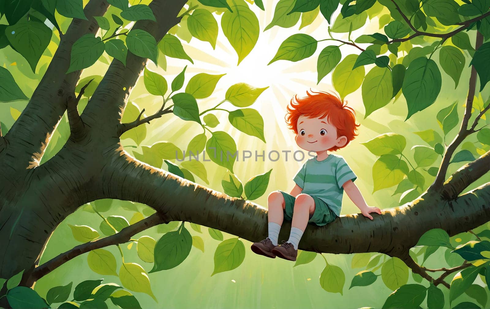 A young boy with red hair sits on a tree branch, enjoying the bright sunshine that filters through the leaves - Generative AI