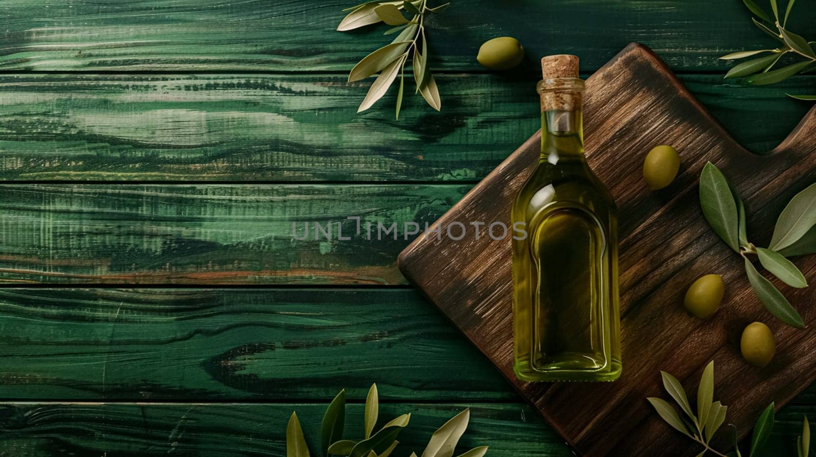 Olive oil bottle ad background with copyspace, vegetable oil commercial produce, food industry and retail by Anneleven