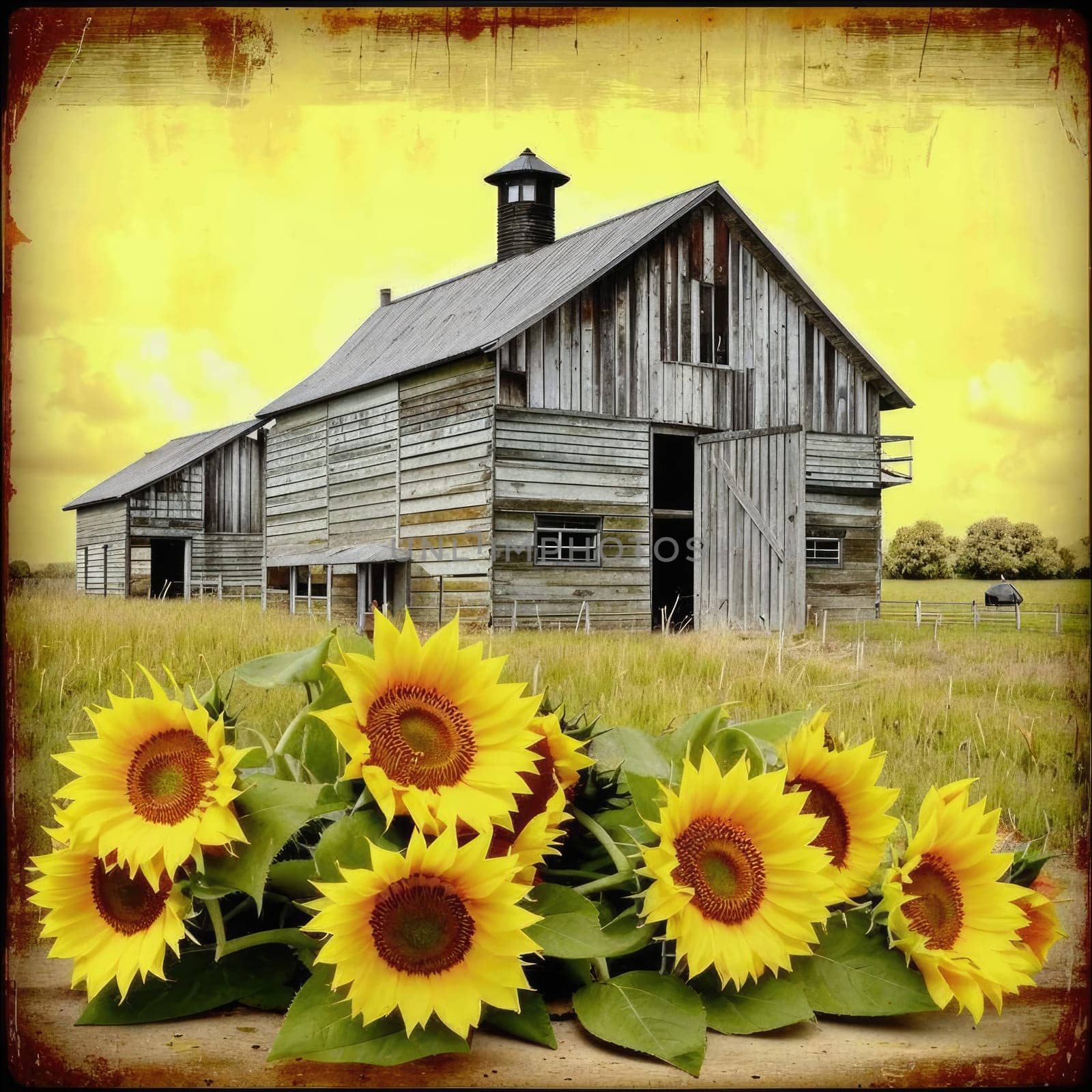 Vintage image of a rural farm wooden house with an antique milk can, a dilapidated barn, a bouquet of sunflowers. Junk journal. photograph with wear and tear. Country mood.