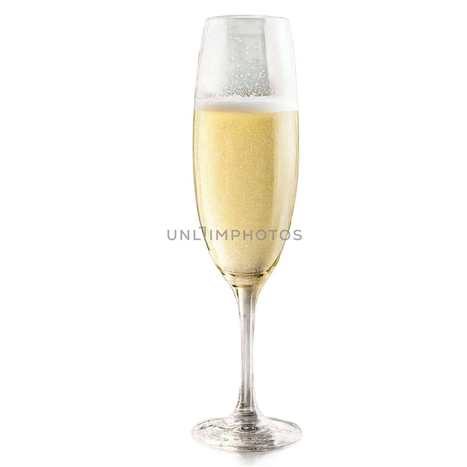 Delicate fluted champagne flute elongated bowl effervescent bubbles rising isolated no background splashing pale sparkling. Close-up wine glass, isolated on transparent background