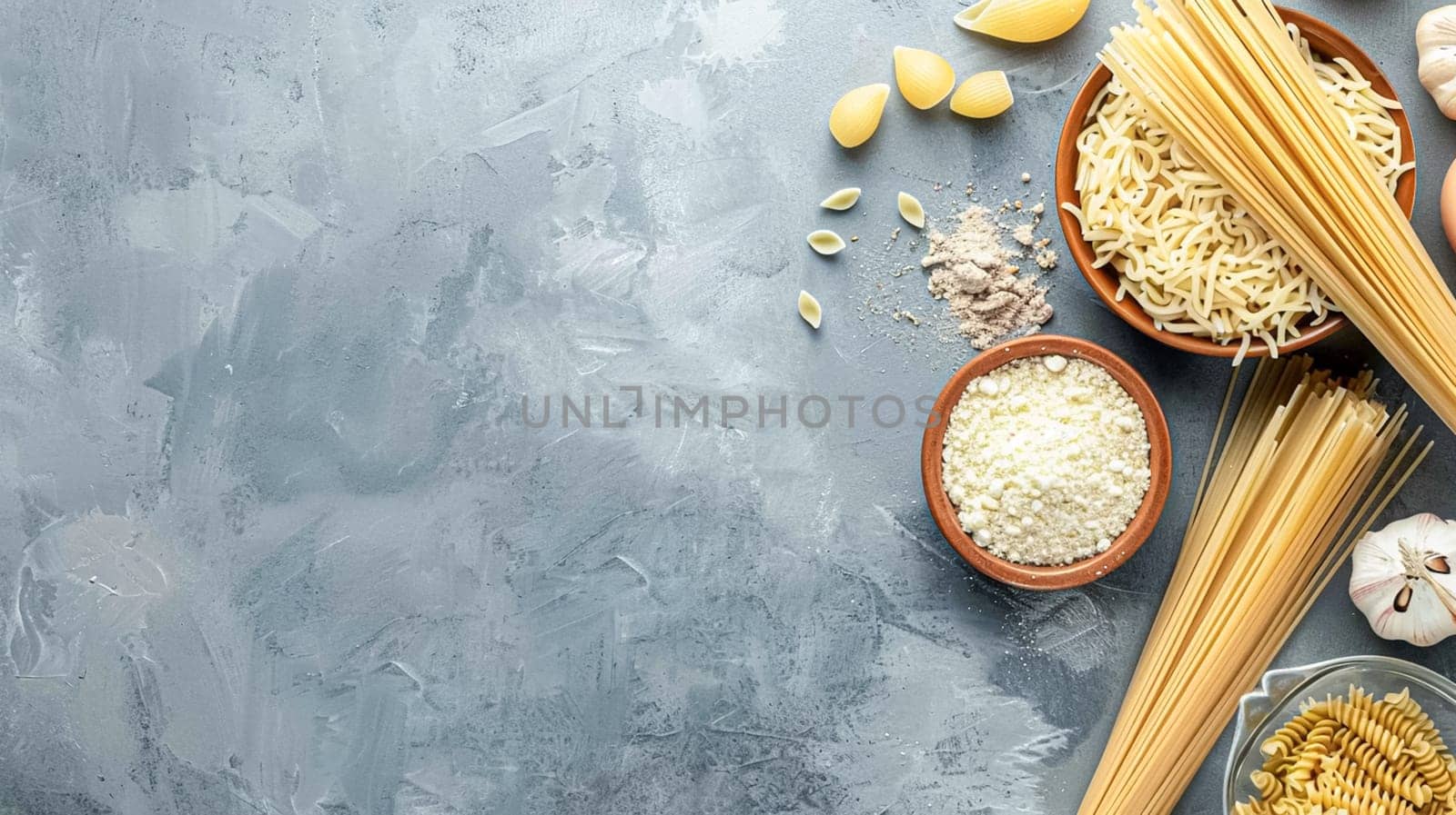 Pasta recipe preparation flatlay background with ingredients, spaghetti, olive oil, garlic, tomatoes and spices in the kitchen, homemade food recipe by Anneleven