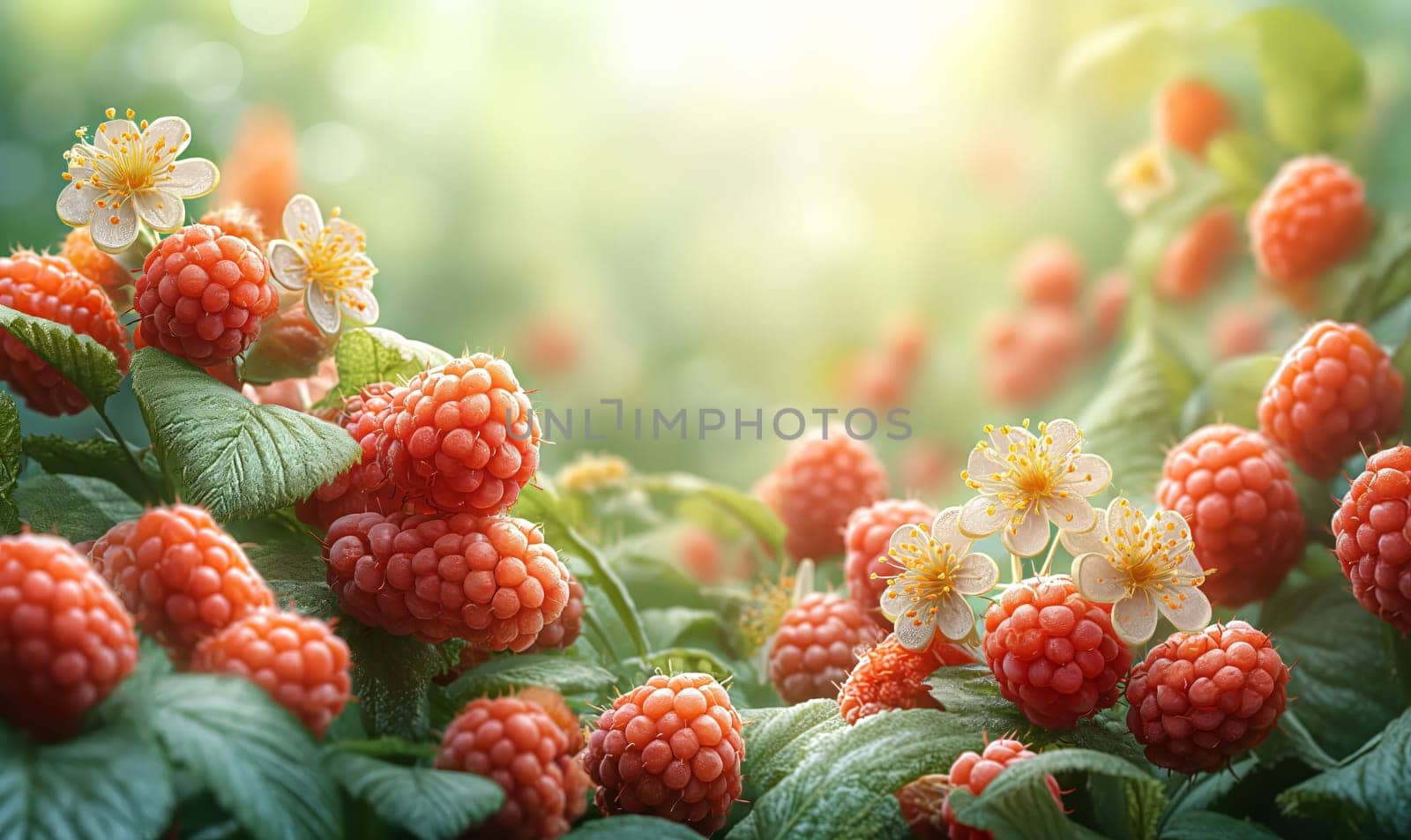 Raspberry berries and white flowers in sunlight. Selective soft focus.