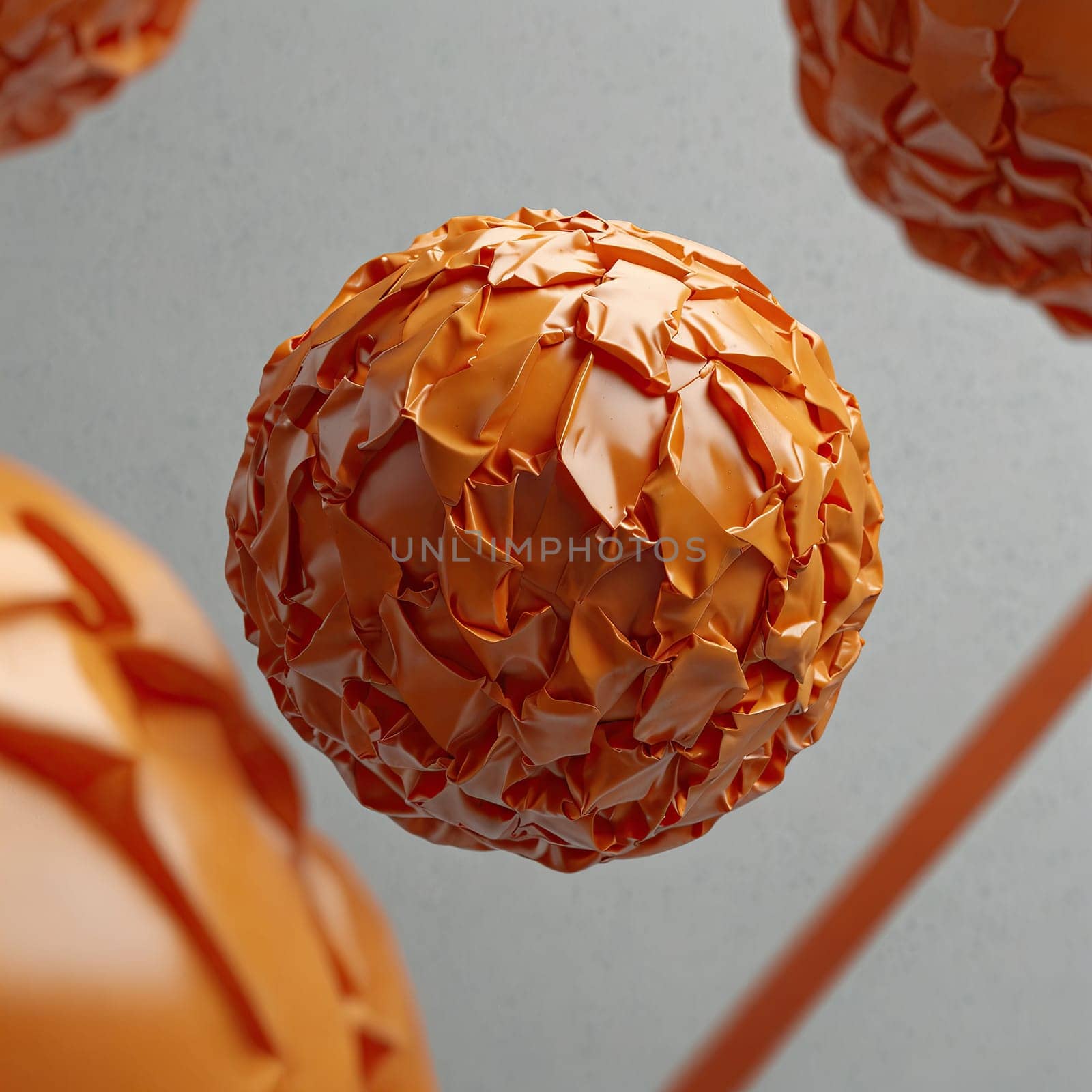 3D rendering of a minimalistic matte inflatable crumpled silicone ball or group of orange colored balls floating in the air on a transparent background . Abstraction isolated on transparent background