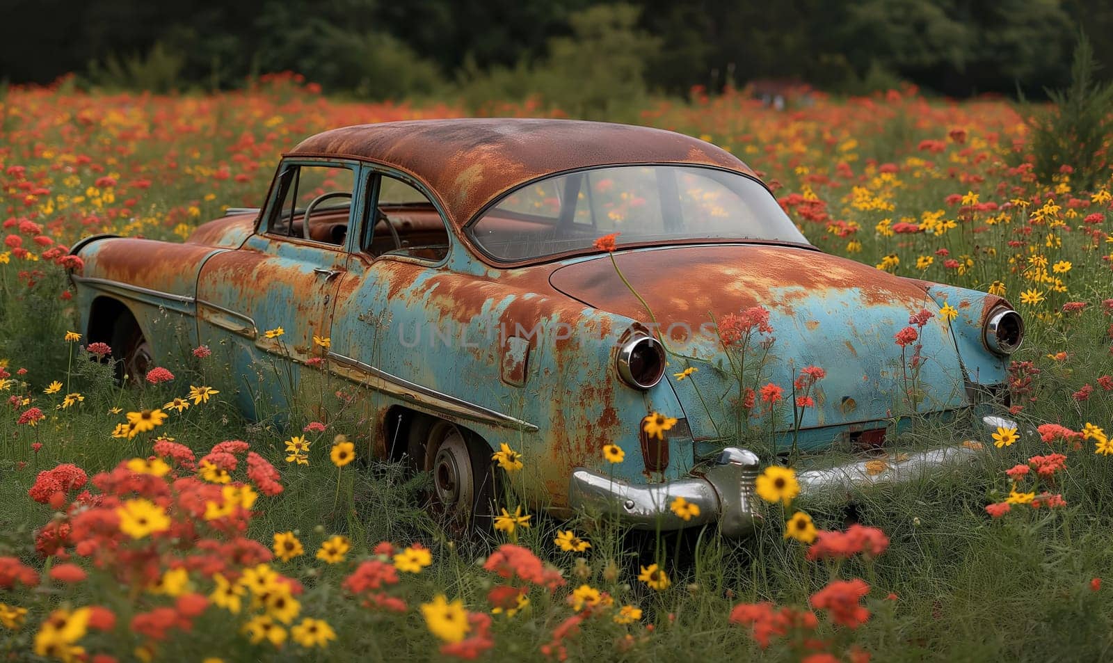An old red car in a field surrounded by flowers. Selective focus