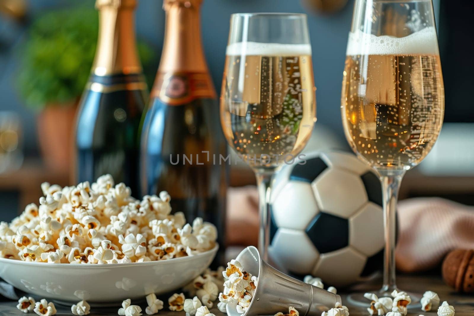 A bowl of popcorn and a glass of beer on a table. The scene is casual and relaxed, perfect for a movie night or a night in with friends