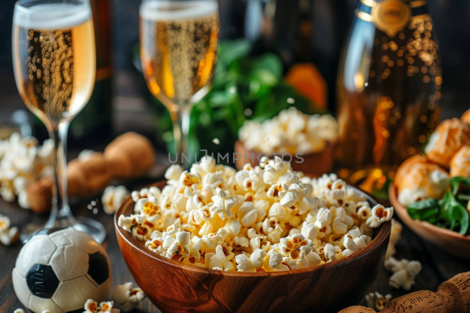 A bowl of popcorn and a glass of beer on a table. The scene is casual and relaxed, perfect for a movie night or a night in with friends