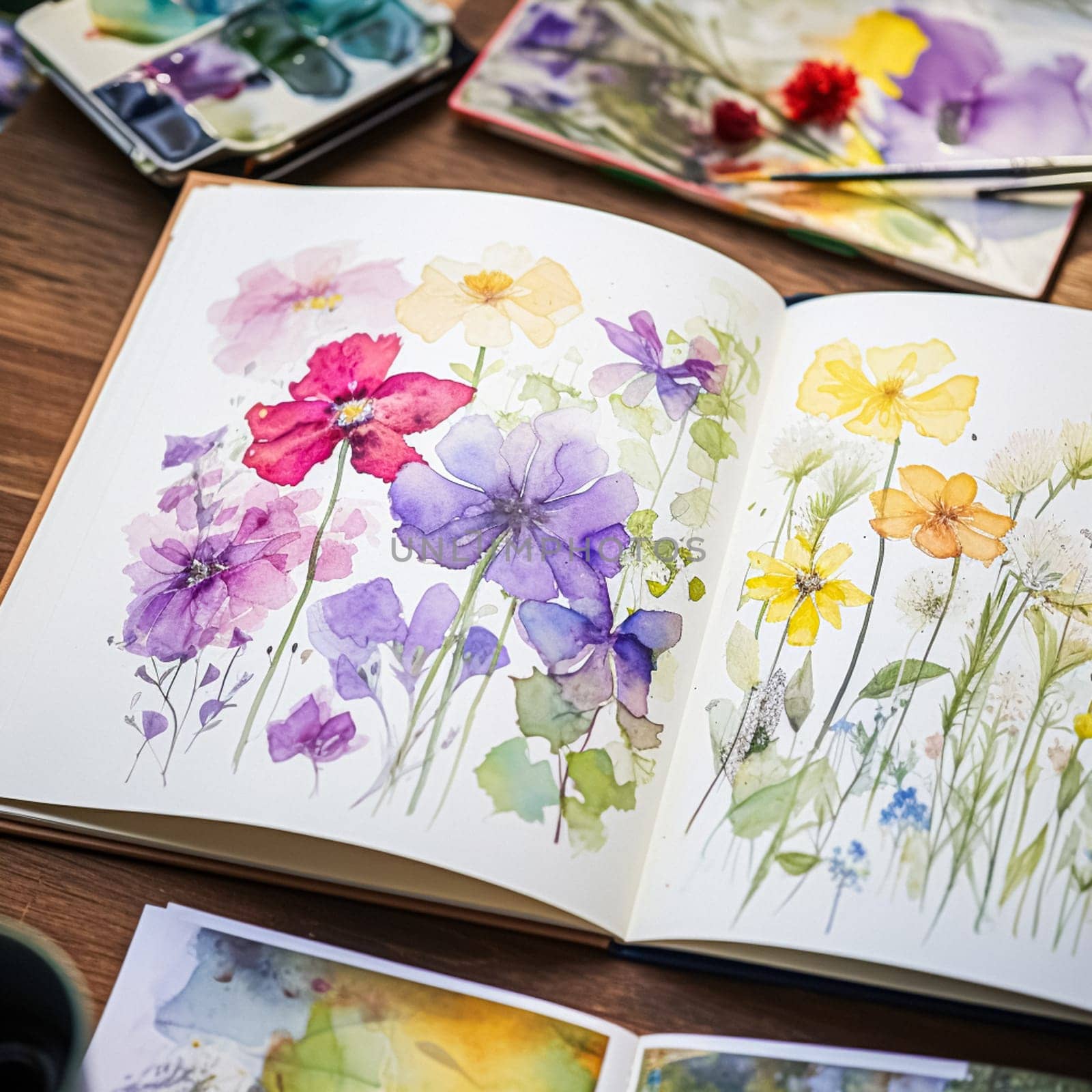 Watercolour painting of wildflowers in a sketchbook, surrounded by an array of watercolour paints and brushes on a wooden table, hobby and craft idea