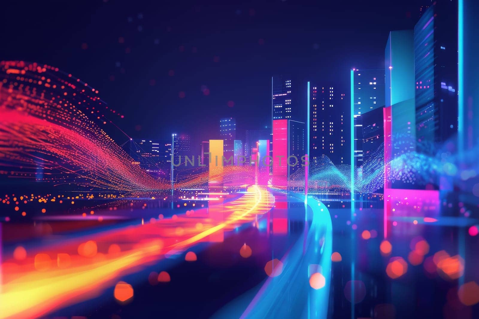 A cityscape with neon lights and a colorful blur of lights. The city is bustling with activity and energy