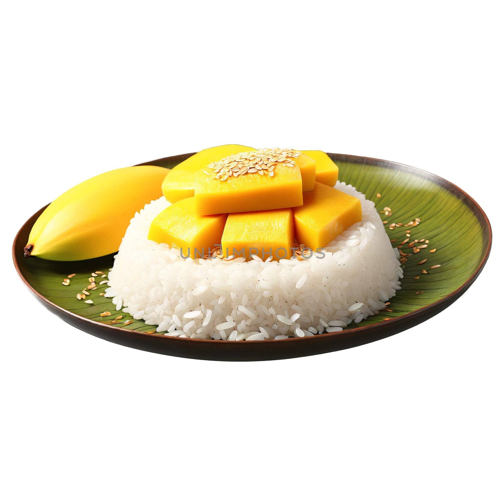 Mango sticky rice with sliced mangoes coconut rice and a sprinkle of sesame seeds on. close-up food, isolated on transparent background