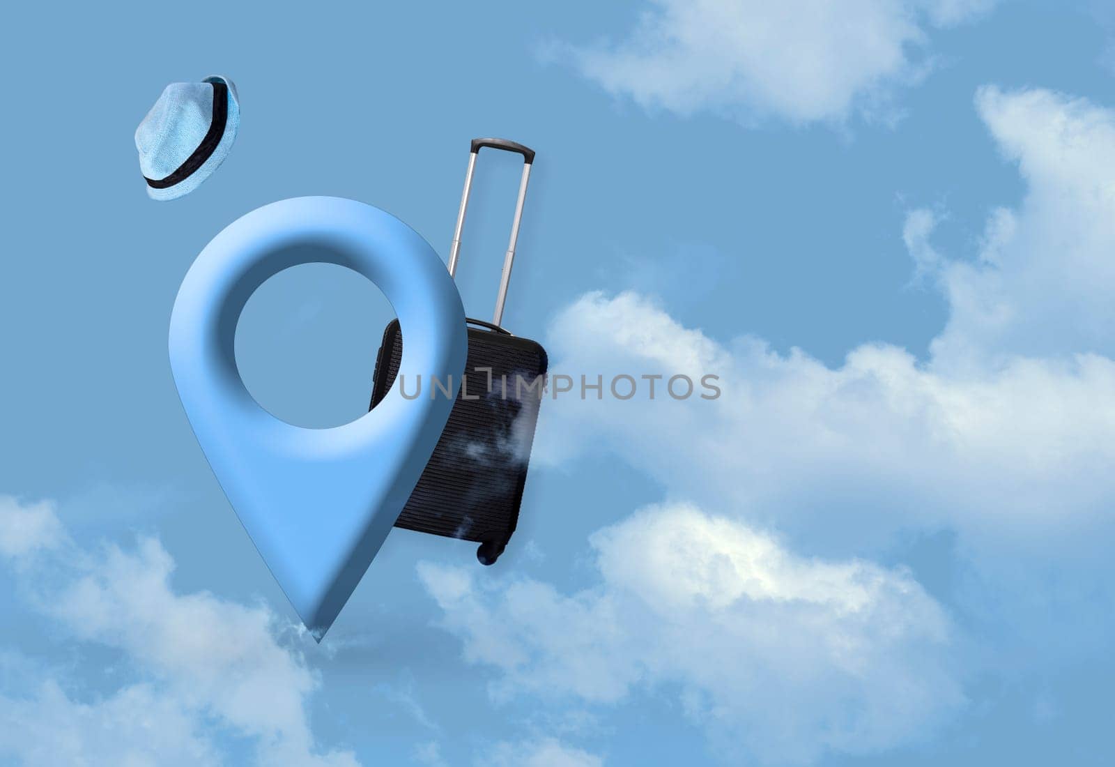 Map pin location 3D button with clouds, suitcase and hat on blue background, map pointer navigation concept.