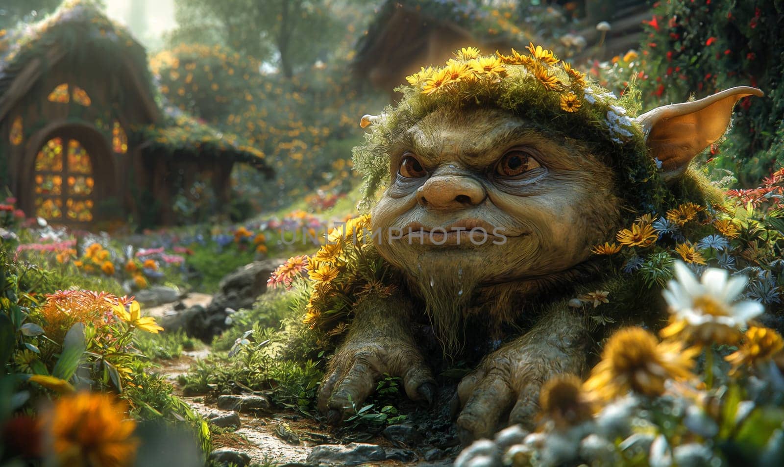 3D cartoon, troll in flowers in a fairytale village. Selective focus