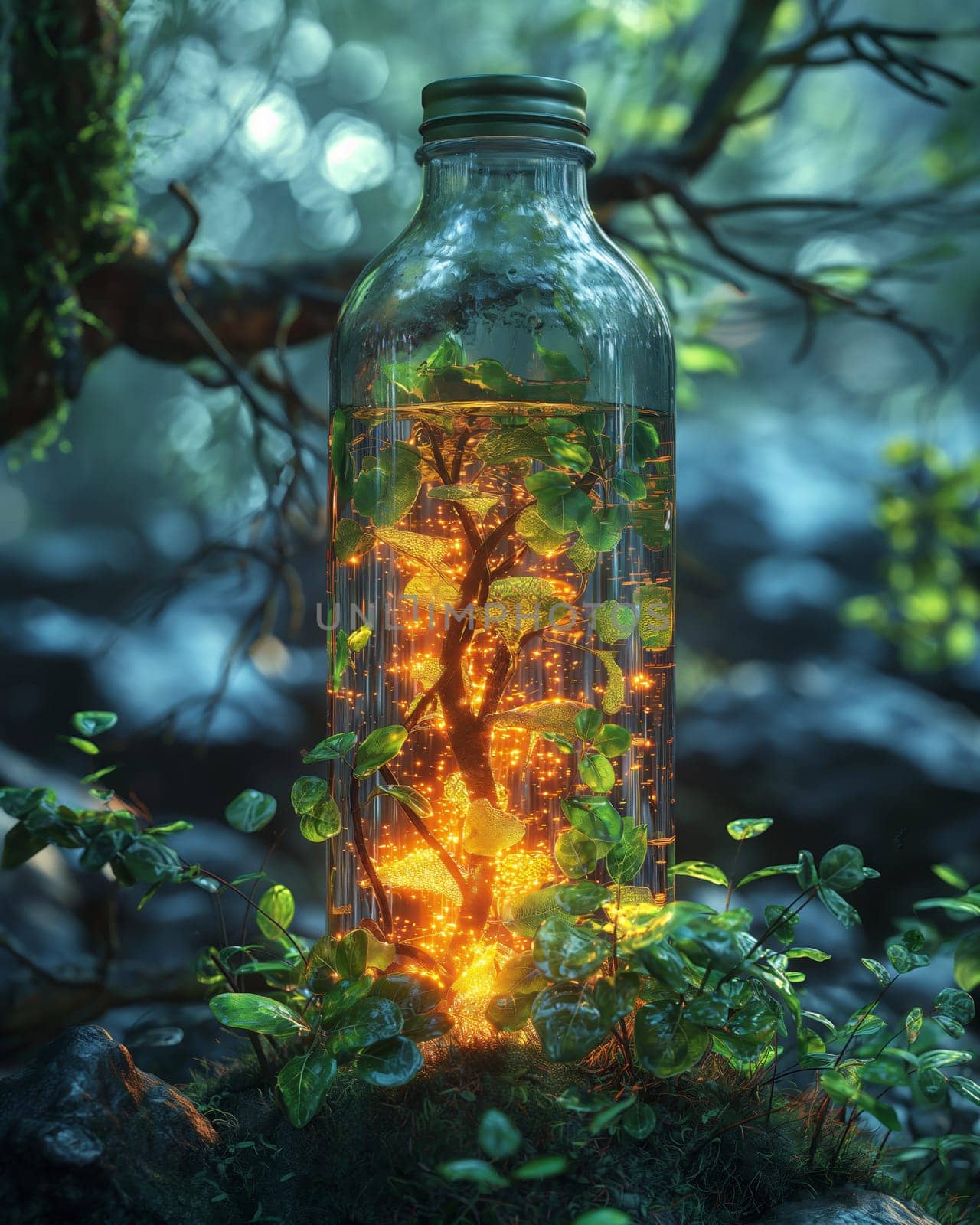 Tree branch growing in a glass jar, nature trapped. Selective focus