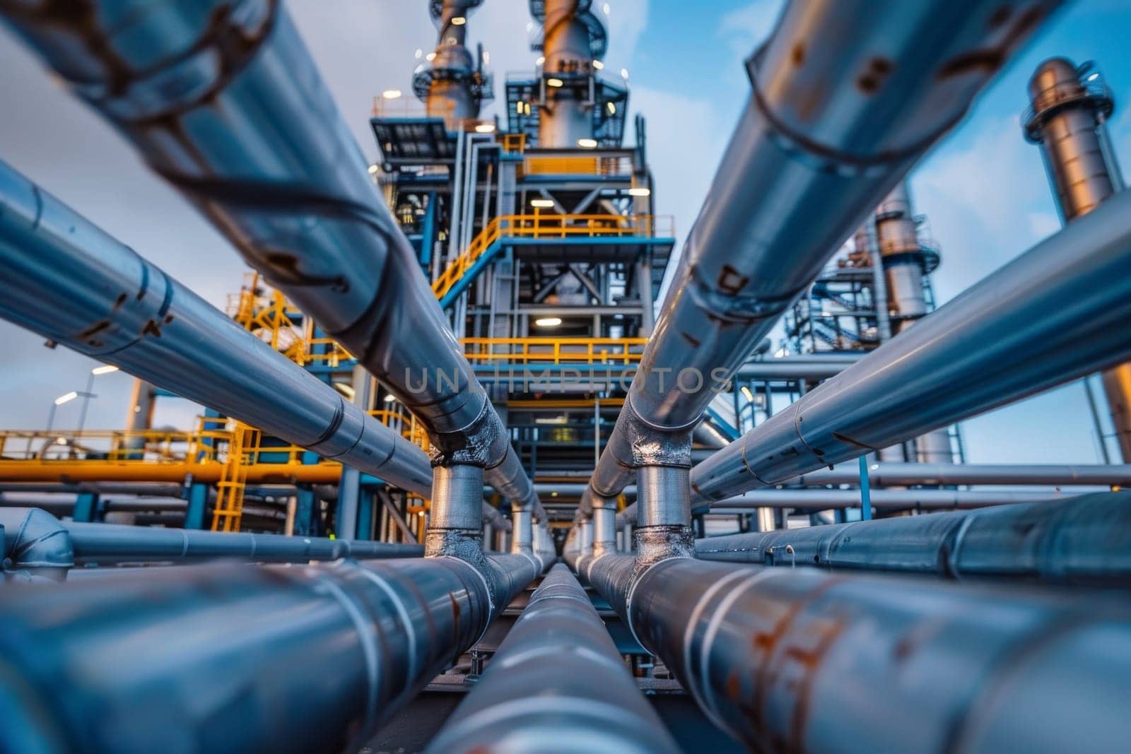 A large industrial plant with many pipes and a yellow and blue ladder.