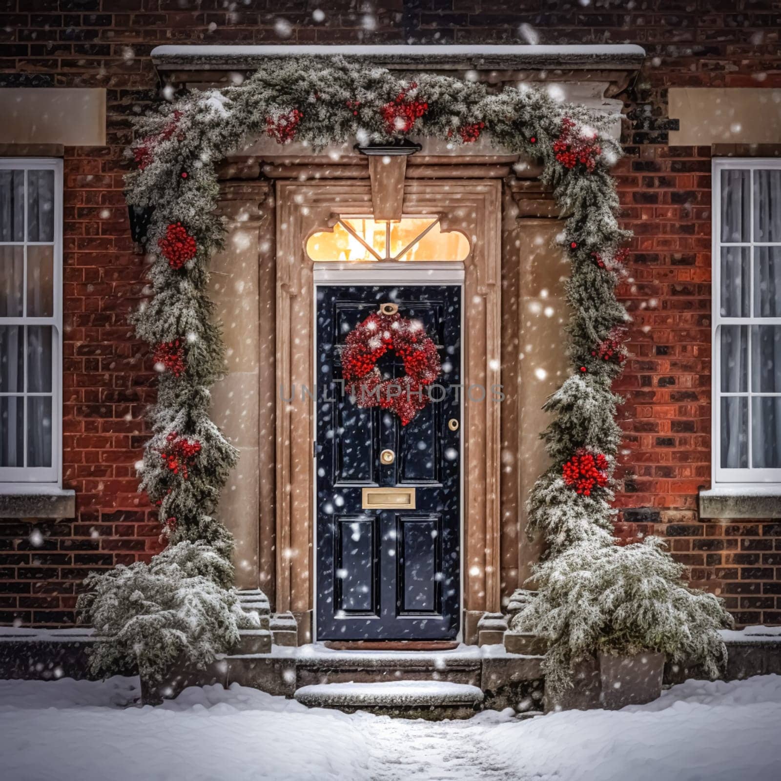 Christmas holiday, country cottage and snowing winter, wreath decoration on a door, Merry Christmas and Happy Holidays wishes, generative ai by Anneleven