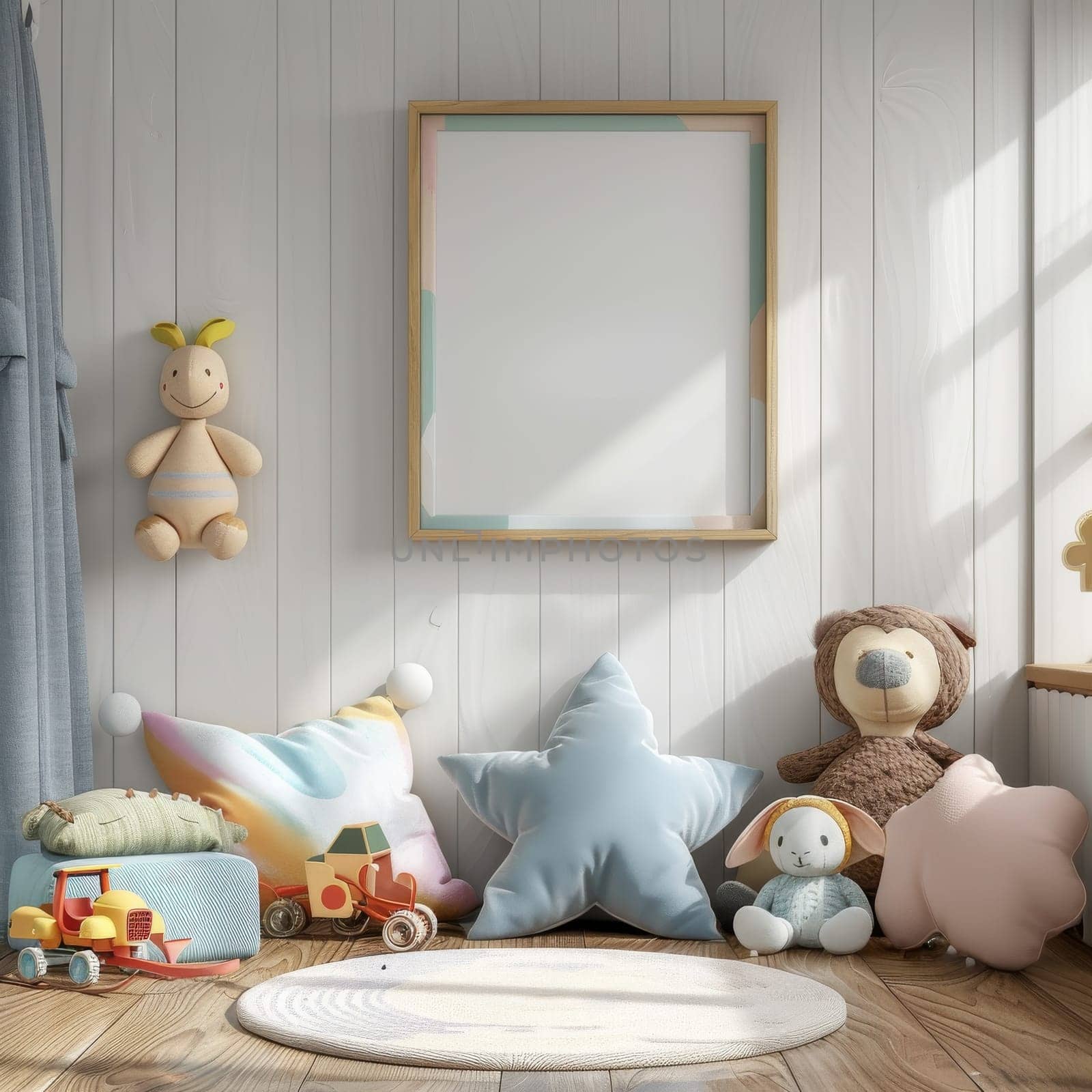 A room with a white wall and a black frame. There are many toys, including a teddy bear and a toy car. There are also many colorful balls hanging from the ceiling. The room has a playful