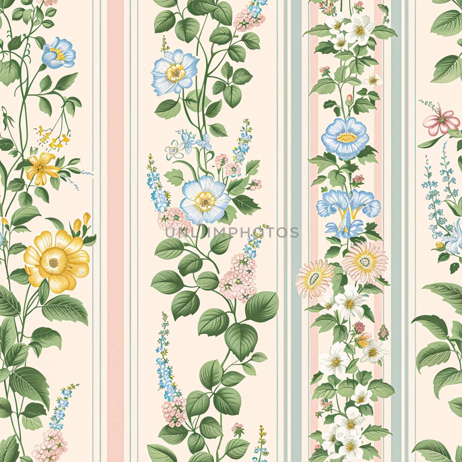 Seamless pattern, tileable floral holiday country cottage print, English countryside flowers theme for wallpaper, gift wrapping paper, scrapbook, fabric and product design by Anneleven