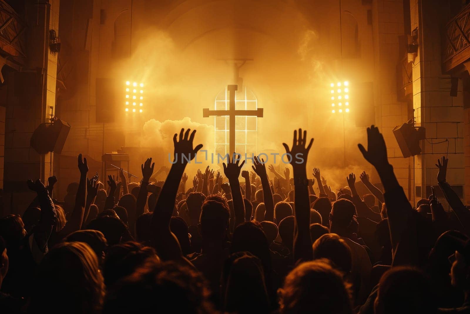 A large crowd of christian people are gathered in a church, with their hands raised in the air and a large cross in the center of the room. The atmosphere is one of worship and unity