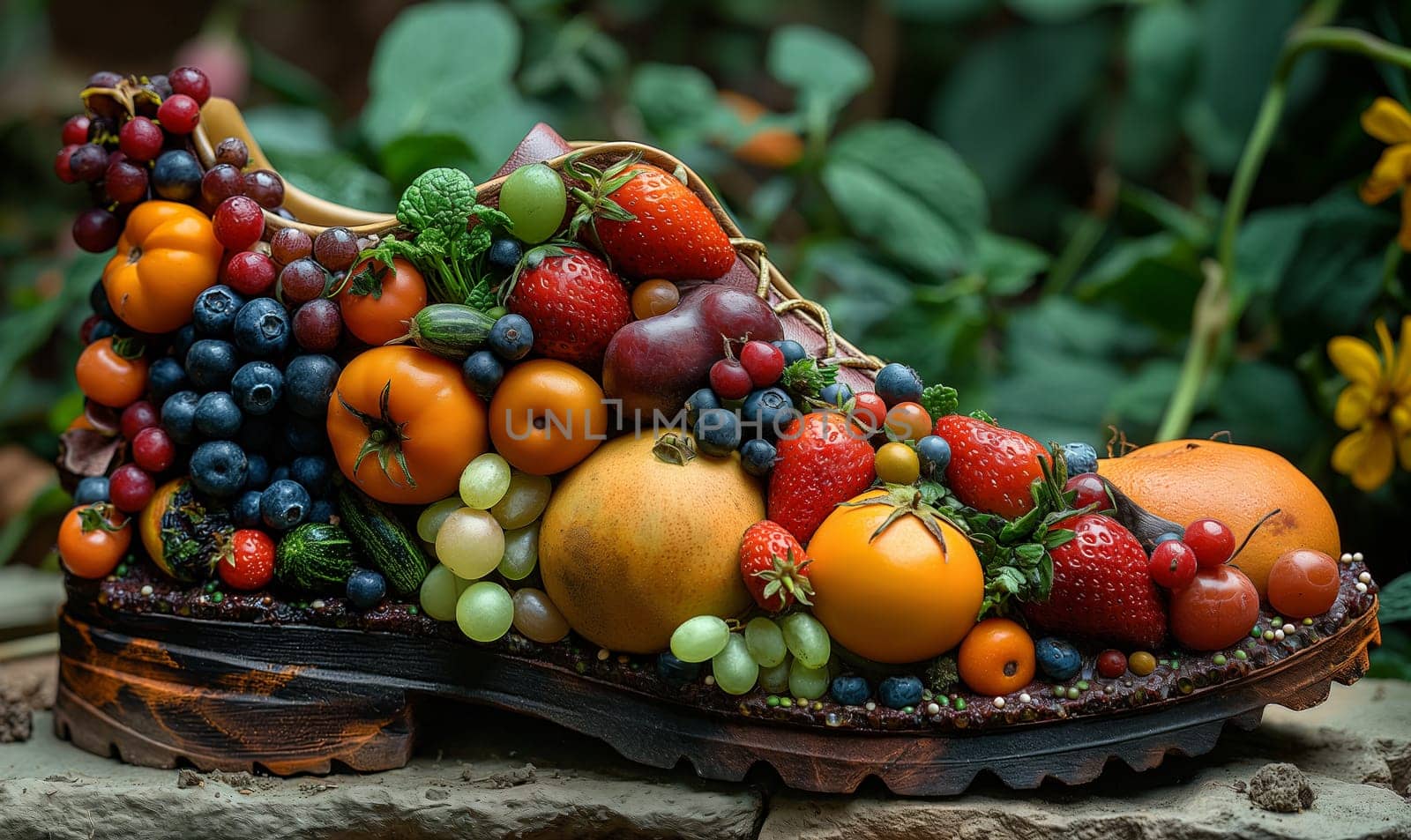 Shoes with fruits, berries and flowers. Selective focus