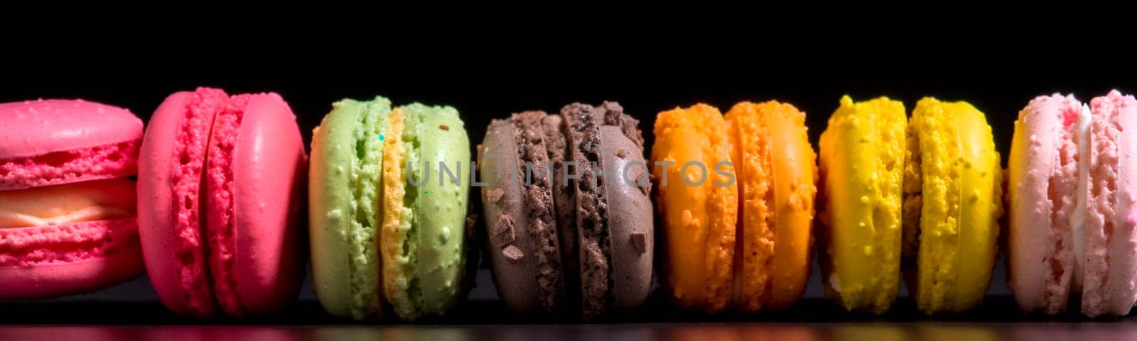 a lot of macaroons on a black background. Generative AI,