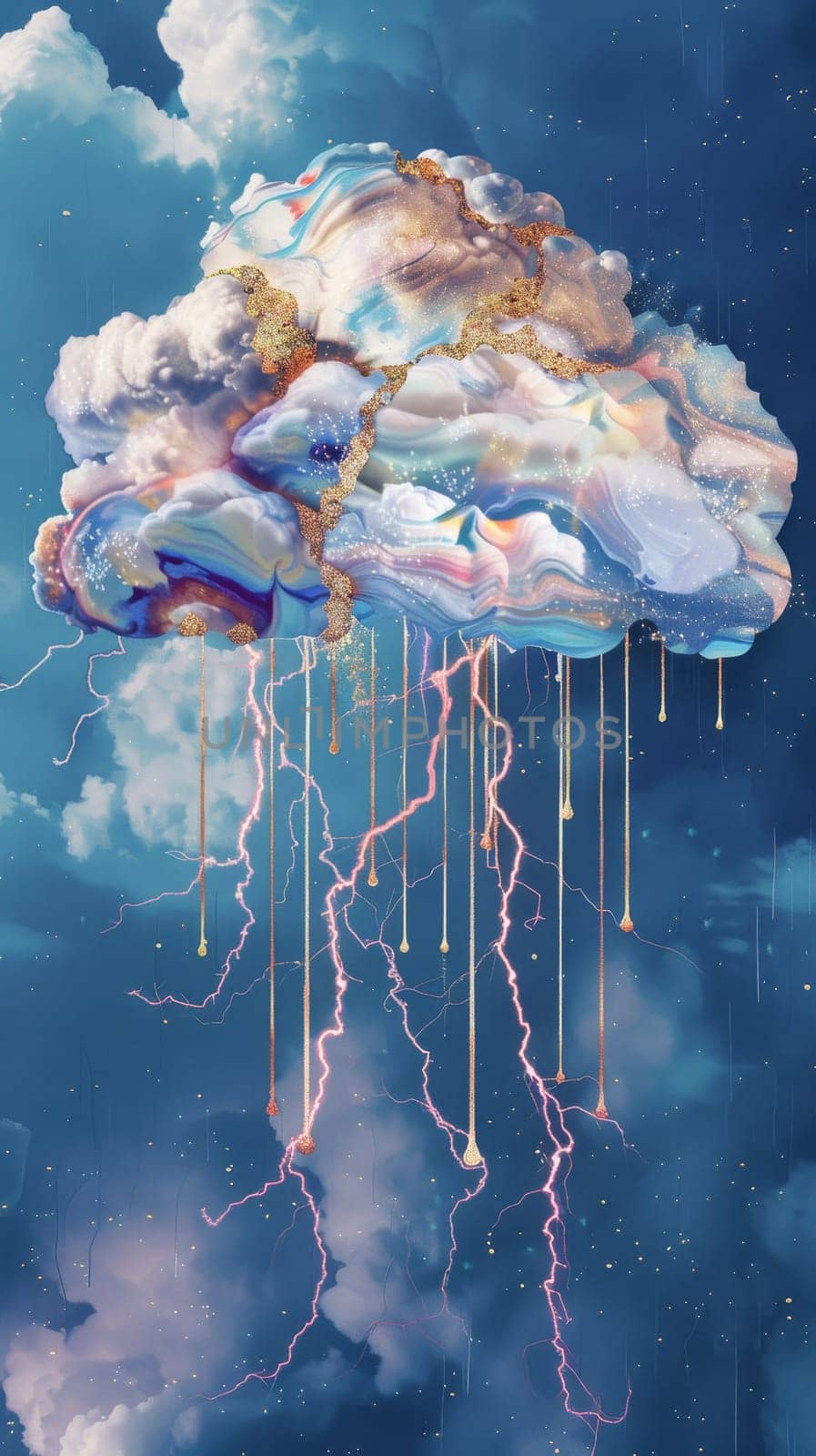 Surreal cloud with lightning and golden drips in a dreamy sky, ethereal art concept.