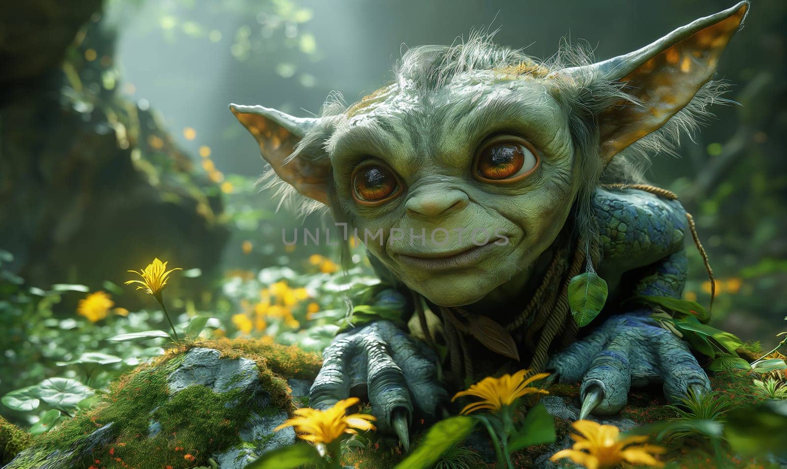 3D, cartoon evil goblin in the forest, close-up. by Fischeron