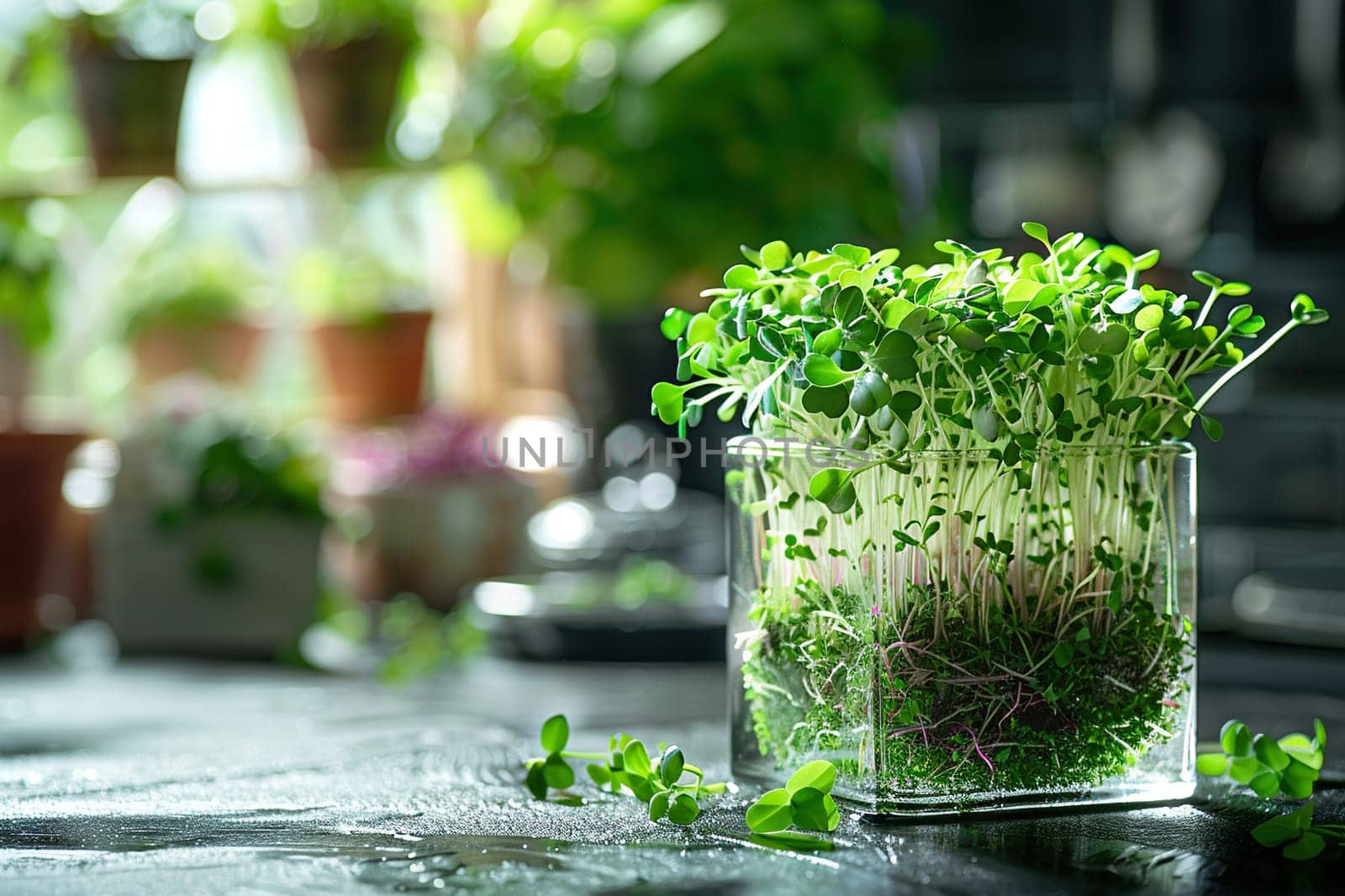 Microgreens in a glass jar on a wooden table.