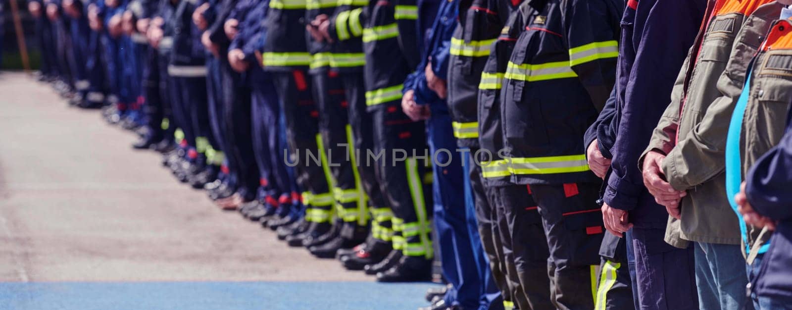 A group of firefighters lined up, saluting the flag, applauding in solidarity, and gearing up for intensive training sessions, showcasing their unwavering commitment to service and teamwork. by dotshock