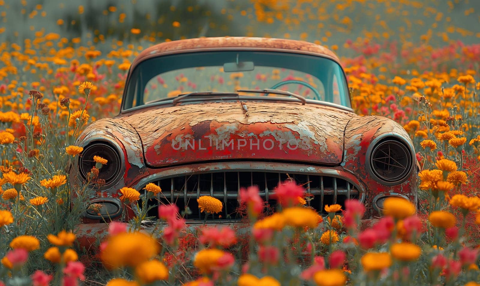 An old red car in a field surrounded by flowers. by Fischeron