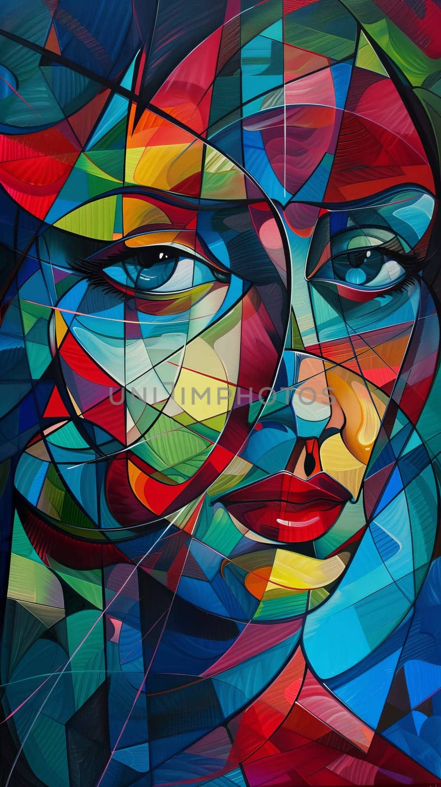 Colorful abstract portrait of a woman in cubist style, modern art concept.