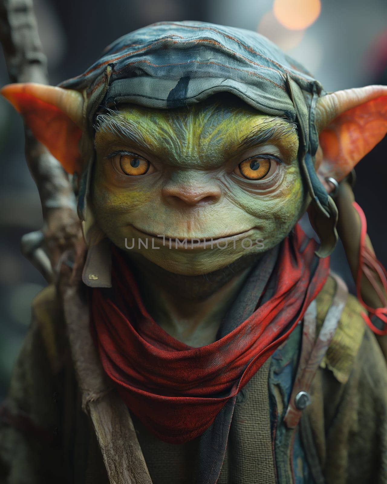 3D, cartoon goblin in the forest, close-up. by Fischeron