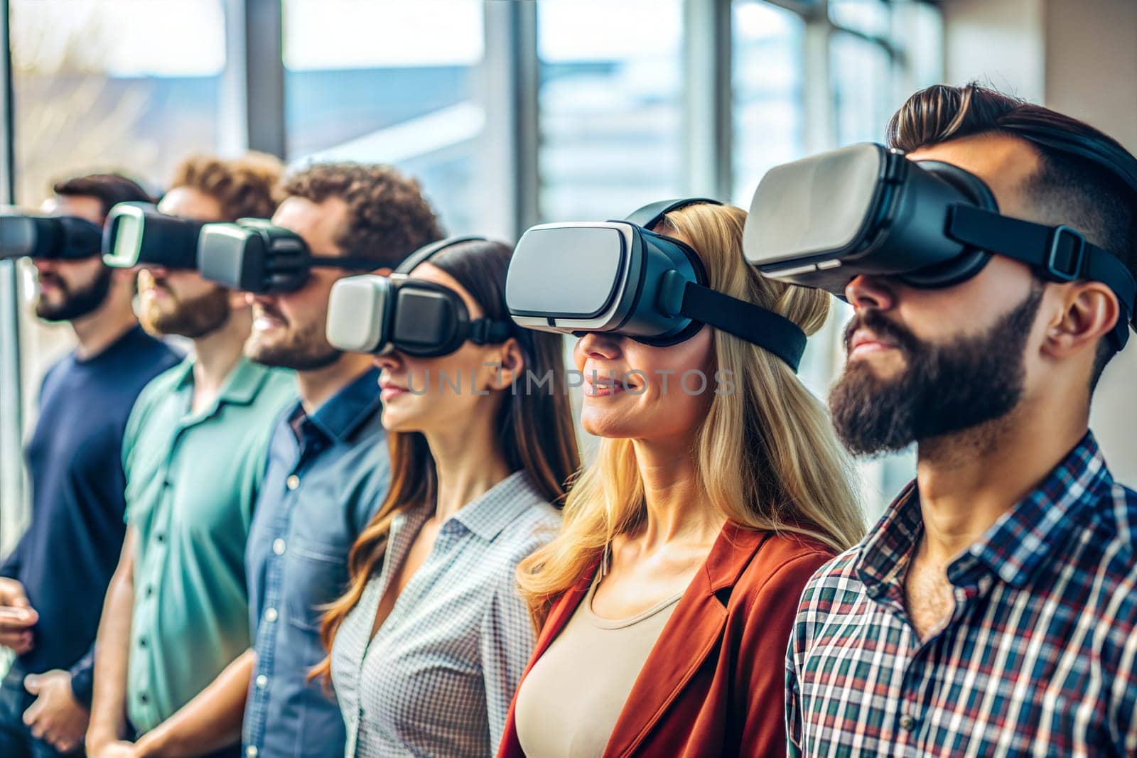 People wearing VR headsets and AR glasses, fully engaged in virtual environments and augmented experiences. Ai generated image