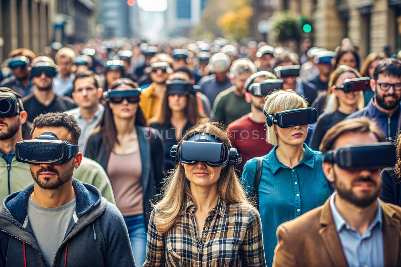 Crowd of People on the streets wearing VR headsets and AR glasses, fully engaged in virtual environments and augmented experiences. Ai generated image