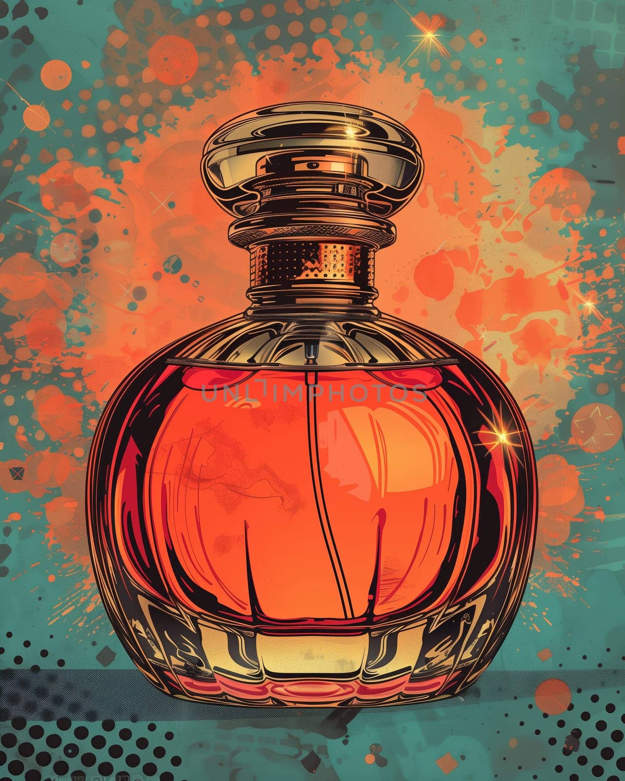 Illustration elegant perfume bottle in vintage pop art style. Selective focus.